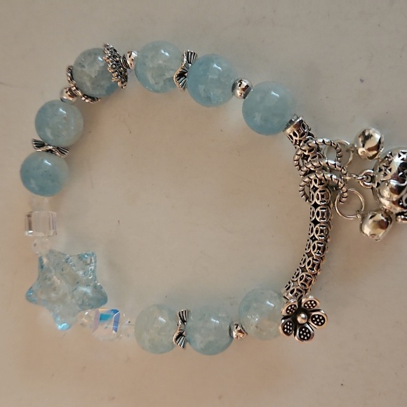 3 Silvertone & Seafoam Glass Beads & Charms Stretch Bracelets - Picture 8 of 13